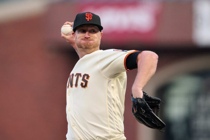 SF Giants starting pitcher Alex Cobb throws a pitch against the Cleveland Guardians during the first inning at Oracle Park on September 11, 2023.